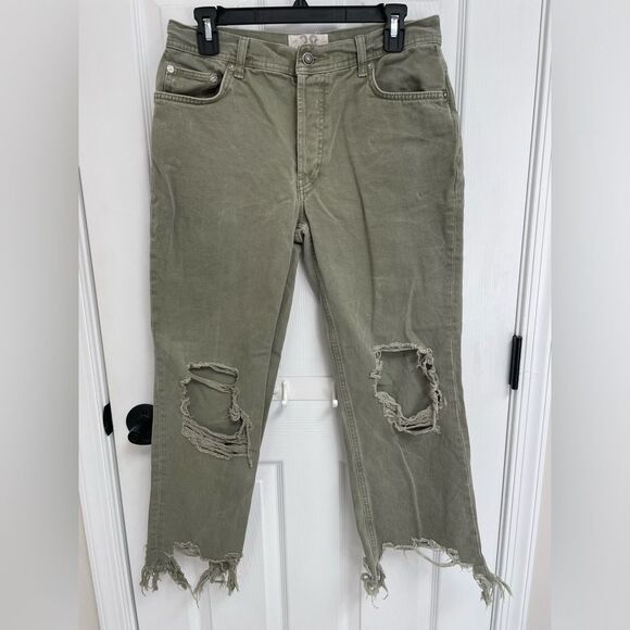 We The Free Free People Distressed Torn Knee Green Denim Pants Women’s Size 28 - Picture 1 of 6